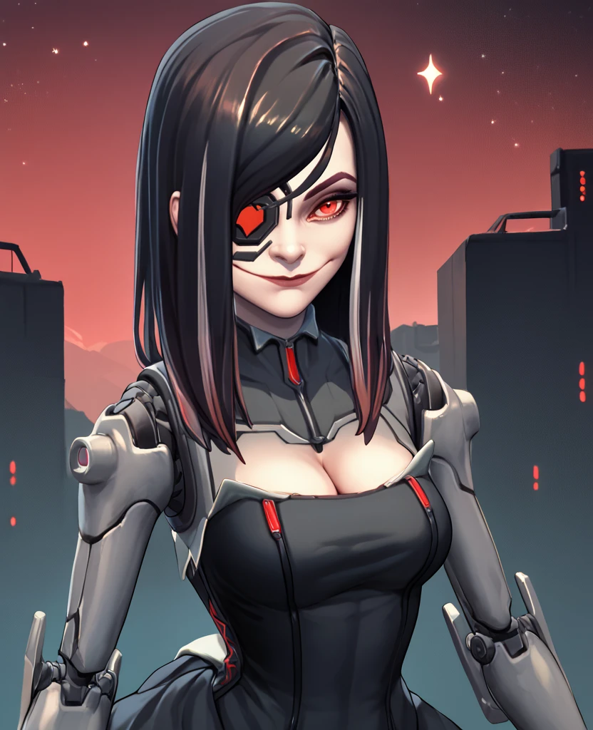 score_9, score_8_up, score_7_up, score_6_up, beatrixxl, red eyes,  black hair,  streaked hair, eyepatch, mechanical arms, 
black dress, cleavage,  smile, 
 solo, upper body, standing, smile, 
future background, stars,  red sky, 
  looking at viewer, night,  <lora:BeatrixXL:0.9>