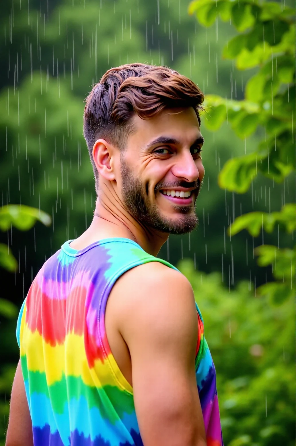 HD high professional quality photo of Loïc Barcourt
looking back with a happy face, a far away shot, (standing:1.2) in a evergreen forest, tiedye tank top shirt, rainbow-colored rain falls in him and all around forming a majestic realistic droplets scene with nature and trees, natural lighting
<lora:Rythmind_Loïc Barcourt_Flux_v1_0005:1>, RAW candid cinema, 16mm, color graded portrait 400 film, remarkable color, ultra realistic, textured skin, remarkable detailed pupils, realistic dull skin noise, visible skin detail, skin fuzz, dry skin, shot with cinematic camera