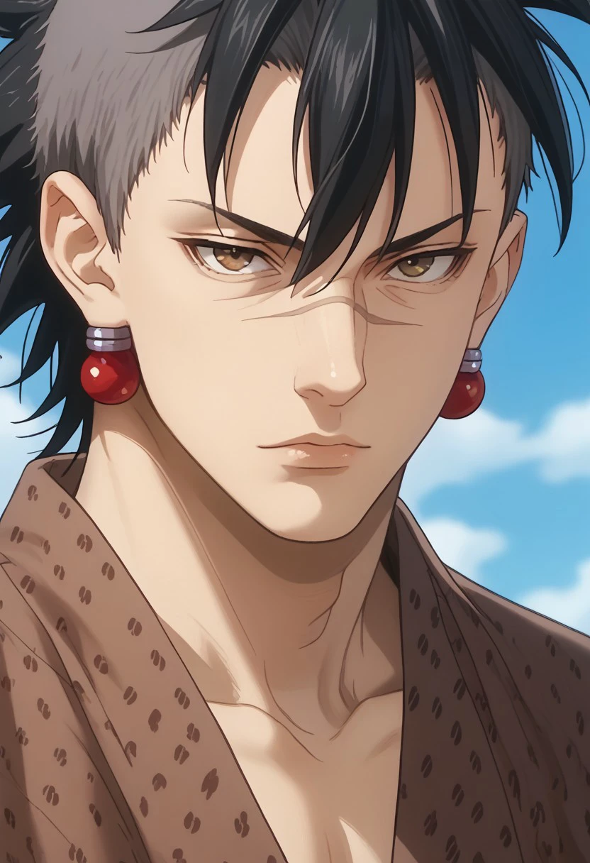 score_9, score_8_up, score_7_up, source_anime, rating_safe, SaitoSNS, red Saito earrings, black-grey Saito hair, brown Saito eyes, Saito scar, 1boy, male focus, anime screencap,