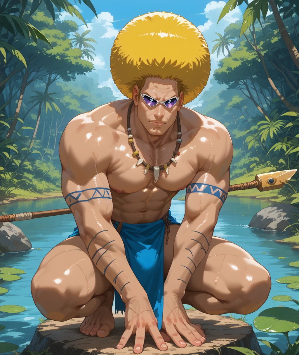 score_9, score_8_up, score_7_up, forest, jungle, lake, sunbeam,
1boy, solo, bobobo-bo bo-bobo, afro, blonde hair, sunglasses, chest hair, arm hair, dark-skinned male, manly, topless, muscular, loincloth, tribal tattoo, spear, caveman, squatting, 
<lora:Bobobo-bo_Bo-bobo:1> <lora:AIU 0.6v:1> AIU