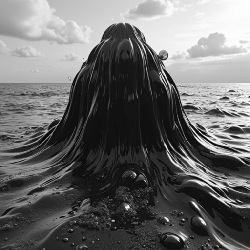 captblackslime, black liquid, waves, orb, greyscale, bubble, long hair, sky, still life, air bubble, petals, underwater