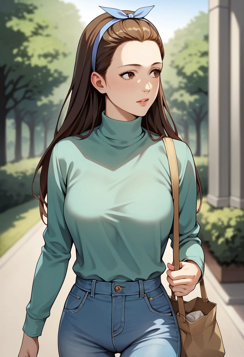 score_9, score_8_up, score_7_up, deep skin, shiny skin, source_anime, high quality, highres, KazukoMorinakaHB, 1girl, long hair, brown hair, brown eyes, hair slicked back, blue headband, hair ribbon, light green shirt, sweater, turtleneck, long sleeves, blue pants, denim pants, solo, outside, holding bag