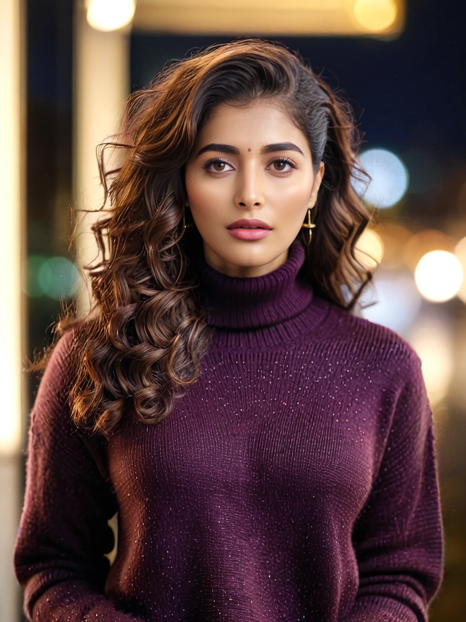 full body photo of Pooja Hegde woman, solo,  curly hair, serious look, looking at the camera, ethnic Aubergine turtleneck sweater, night time, contrasting background bokeh <lora:Pooja_Hegde_SDXL_LoRA_prodigy_local_xformers_HNE:1>