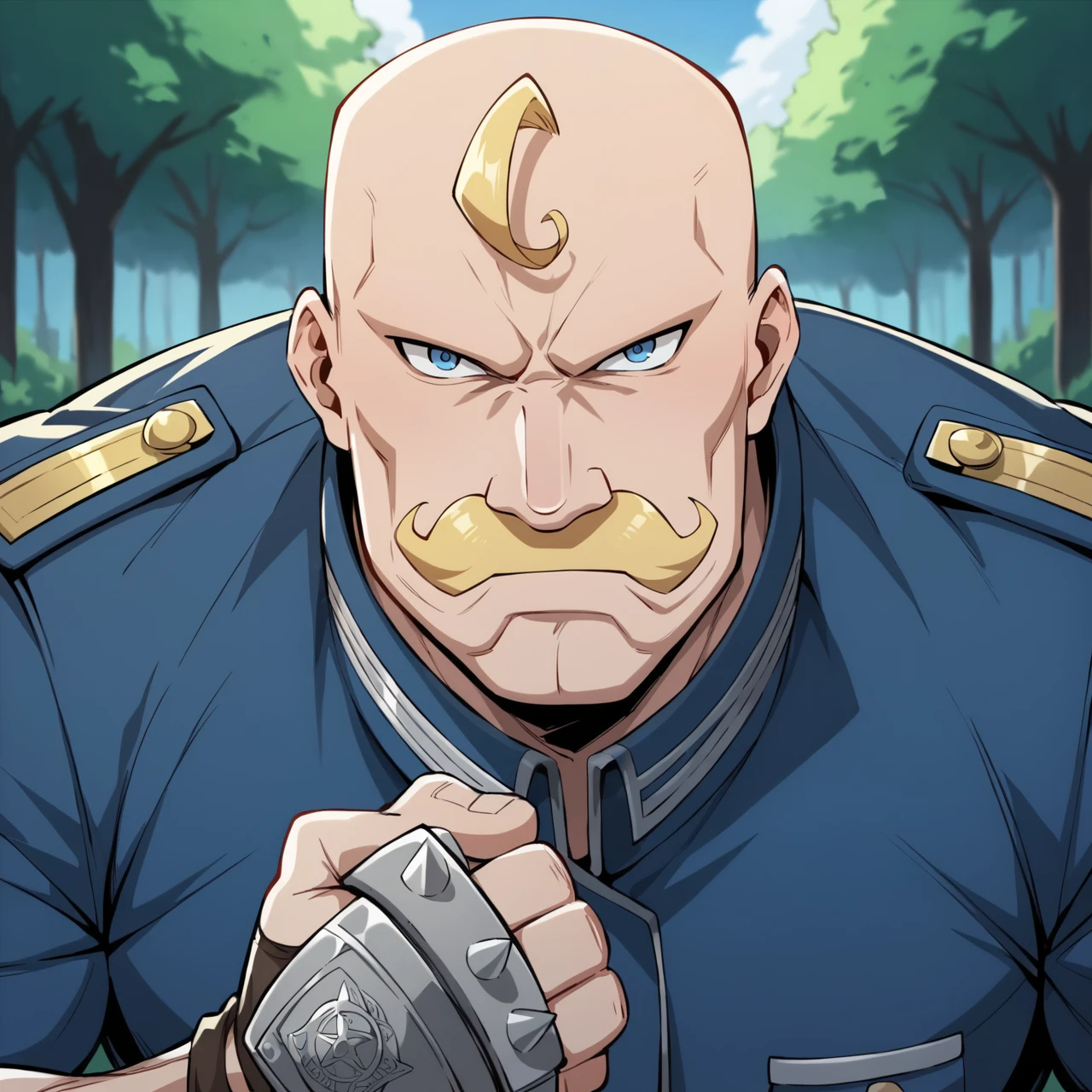 score_9, score_8_up, score_7_up, score_6_up, source_anime, outdoors,forest, 
BREAK
armstrongfma, 1boy, male focus, bald, facial hair, solo, mustache, muscular, blonde hair, blue eyes, looking at viewer, muscular male, veins,gloves,  military uniform,flex, fist bump, 
<lora:armstrongfma:0.7>