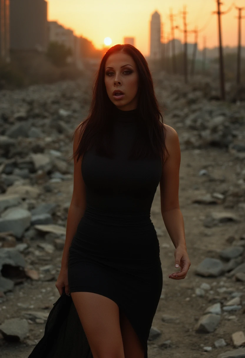 A cinematic photo of (gianna michaels) wearing a black high-neck dress, as she strides confidently through a desolate, dark post-apocalyptic cityscape, capturing the stark juxtaposition of beauty and decay, with the model's flawless skin glowing like a beacon of hope amidst the ravaged urban landscape. photographed with a shallow depth of field to blur the bleak surroundings, emphasizing her striking, rebellious pose. full body, golden hour.