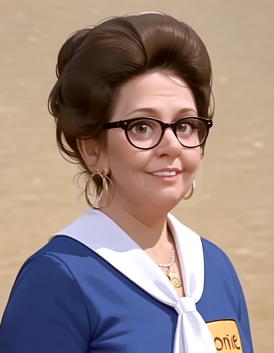 <lora:Connir:0.6> connie_tpir, woman, middle age, brown hair, hair in bun, hoop_earrings, 1960s, black frame glasses, blue polkadot dress, white polkadot neckerchief, nametag on chest, jewelry, necklace, smile, portrait, source_cartoon, score_9, score_8_up, score_7_up,