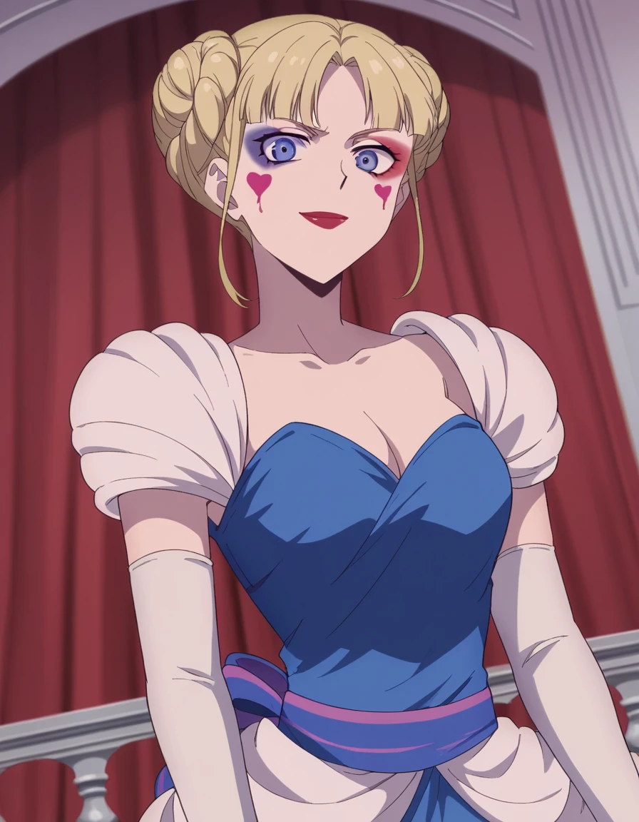 score_9, score_8_up, score_7_up, source_anime, <lora:princess-fione-s1-ponyxl-lora-nochekaiser:1>, princess fione, short hair, blue eyes, blonde hair, braid, hair bun, double bun,, heart, makeup, lipstick, facepaint, lipstick mark, gloves, dress, cleavage, elbow gloves, white gloves, blue dress,, indoors, smile, looking at viewer, solo,, cowboy shot, dutch angle