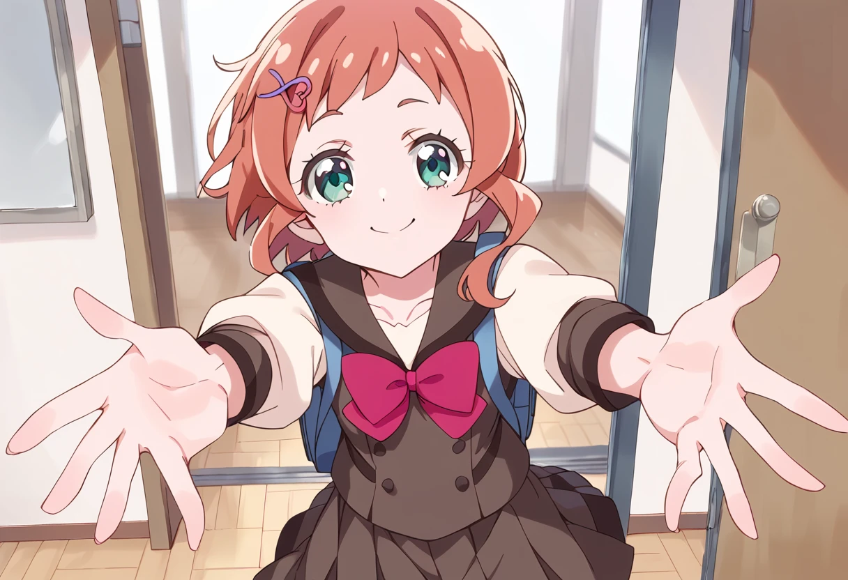 score_9, score_8_up, score_7_up, source_anime, BREAK
inukai iroha, wan-nyan-chu school uniform, 1girl, solo, sitting, smile, school uniform, backpack, green eyes, looking at viewer, outstretched arms, indoors, hairclip, heart hair ornament, door, medium hair, pleated skirt, closed mouth, collarbone, short hair, bangs, red bow, brown skirt, black skirt, blush, brown hair, orange hair, serafuku, red neckwear, reaching out, spread arms, incoming hug, cowboy shot, aqua eyes, miniskirt, pink hair, shiny hair, standing, red hair, brown vest, window, hairpin, brown shirt, standing on one leg, sidelocks, buttons, white shirt, pink neckwear, pink bow, spread fingers, outstretched hand, long hair, brown sailor collar, puffy short sleeves, eyelashes, arms up, black sailor collar, happy, long sleeves, eyebrows behind hair, anime coloring, doorway, blurry background, day, pov, black vest, open hands, grey shirt, on floor, pink bowtie, red bowtie, reaching towards viewer, reaching, upper body,
<lora:cure_friendy_inukai_iroha_sdxl_locon_pony_v1:0.7>
