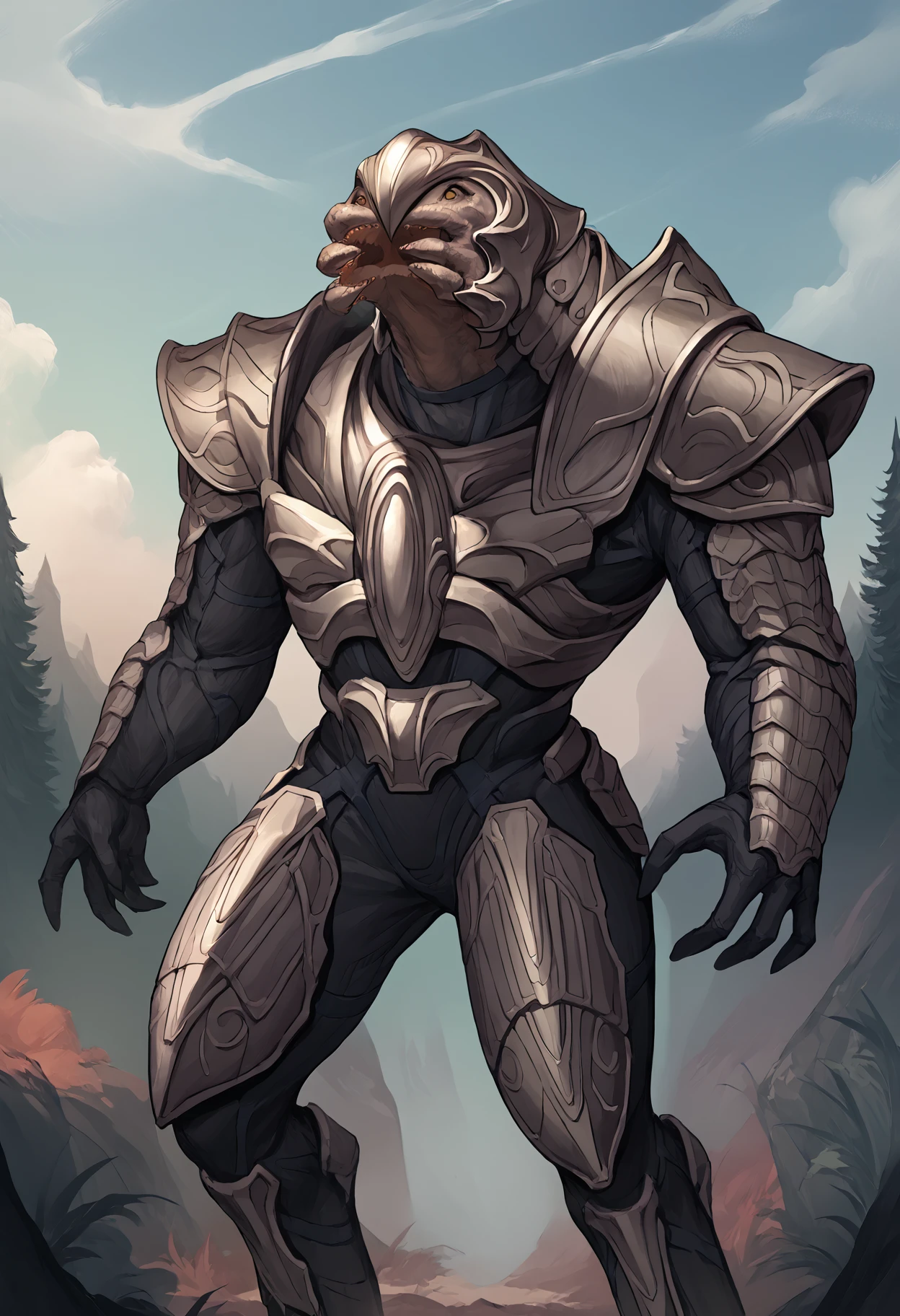 score_9, score_7_up, source_anime BREAK solo, standing, <lora:arbiter-halo-richy-v1_pdxl:1> arbiter, grey armor, shoulder armor, mandibles, outdoors, science fiction, head back, open mouth, [grey background::0.2], painting \(medium\),