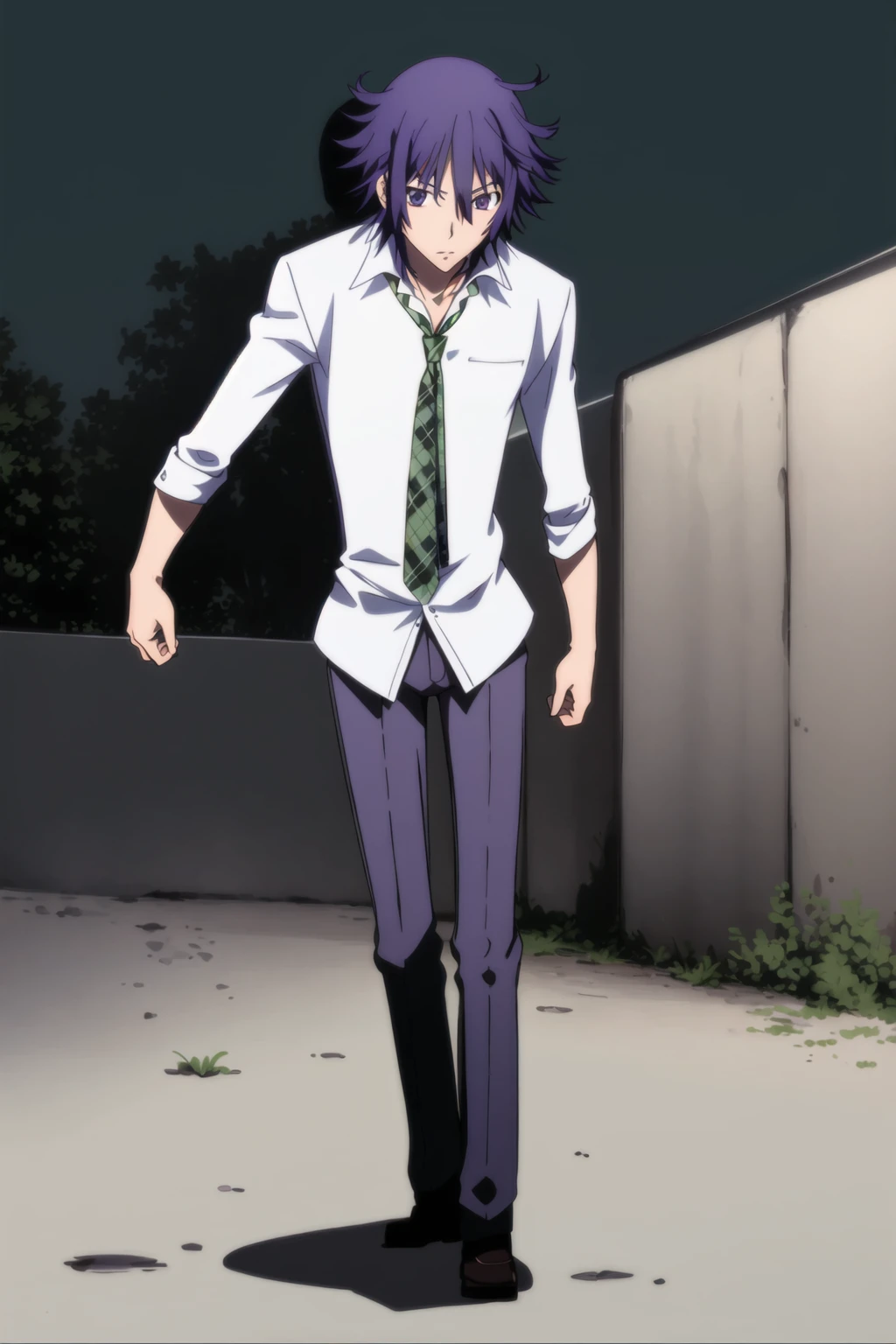 masterpiece, best quality, high quality, 1boy, solo, male focus, <lora:NATSUNOYUUKI:0.8> purple hair, purple eyes, white shirt, school uniform, gray pants, green neckwear, brown shoes, night time, dark,