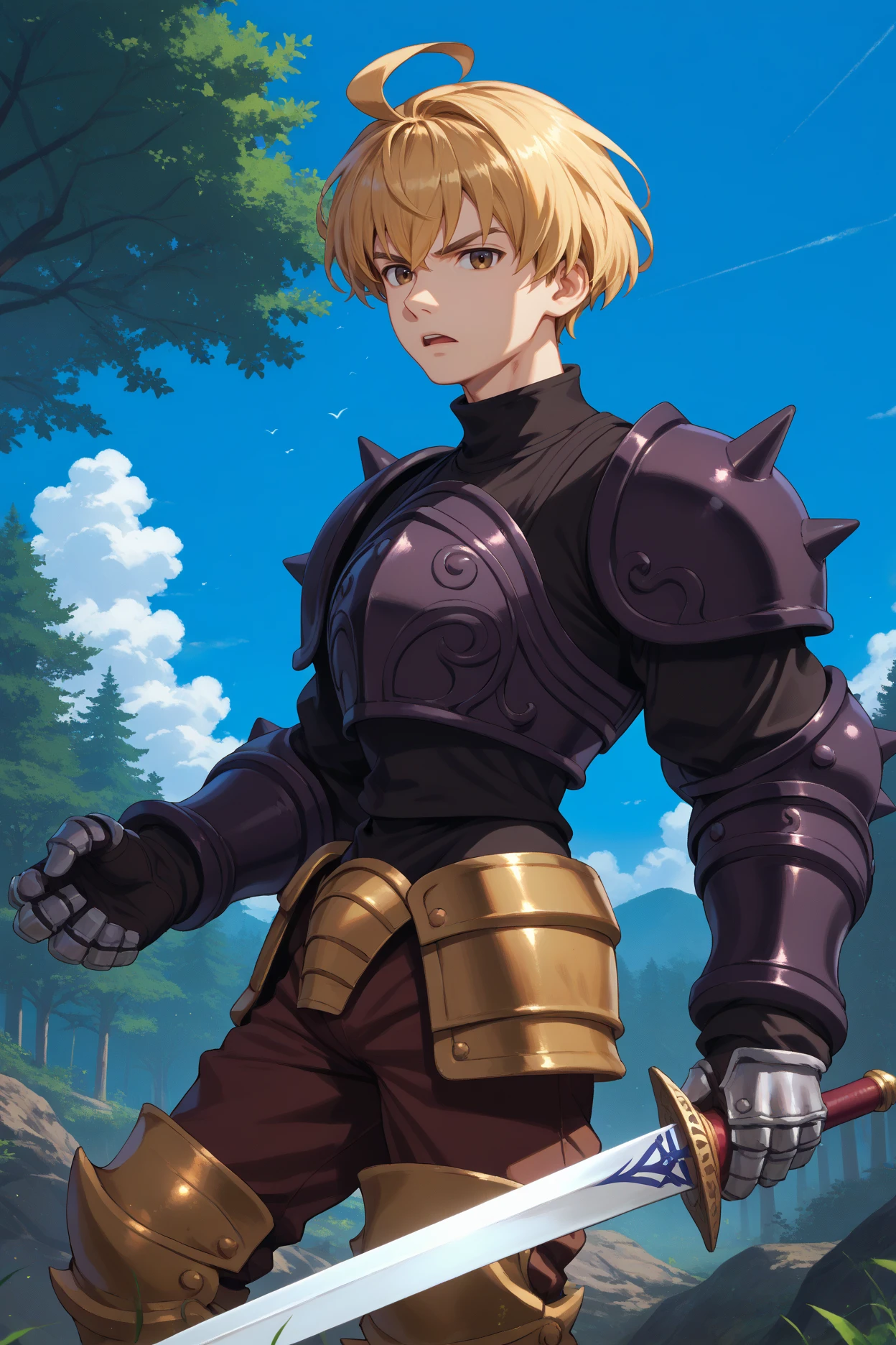 score_9, score_8_up, score_7_up, score_6_up, source_anime, 1boy, male focus, solo <lora:fframza-pdxl-nvwls-v1-000005:1> ramza beoulve, blonde hair, ahoge, brown eyes, short hair, black armor, spiked pauldrons, brown pants, armored boots, gauntlets, looking at you, blue sky, clouds, holding sword, serious, forest, night, dynamic pose, open mouth, from side