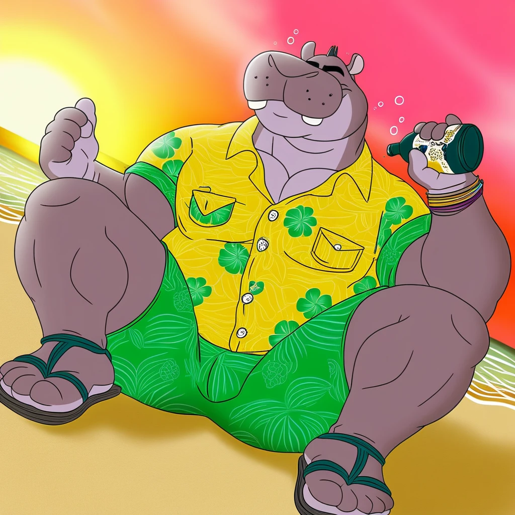Anthro tiger or wolf or husky, chest hair, large, not muscular, overweight, chubby, fat, big belly, belly, bloated belly, bulging belly, (((vore))), digesting, bara, adult, aroused. Wearing green tight business suit, ((hyper big thick penis)), huge testicles, ocean, (duo)