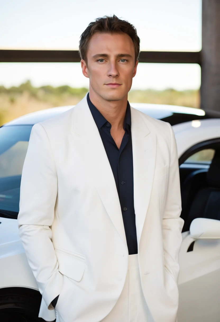 photo of a man, dr3w3,wearing a white suit, at a car, looking at viewer, frontview,   <lora:dreww:.9>