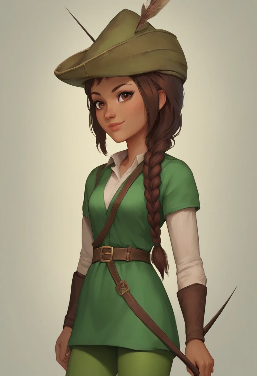 score_9, score_8_up, score_7_up, 1girl, solo,  carol_of_the_arrow, brown hair, brown eyes, dark skin, braid, long hair, belt, hat, green tunic, green tights, dynamic posing, dynamic angle, looking at viewer, light smile, simple background