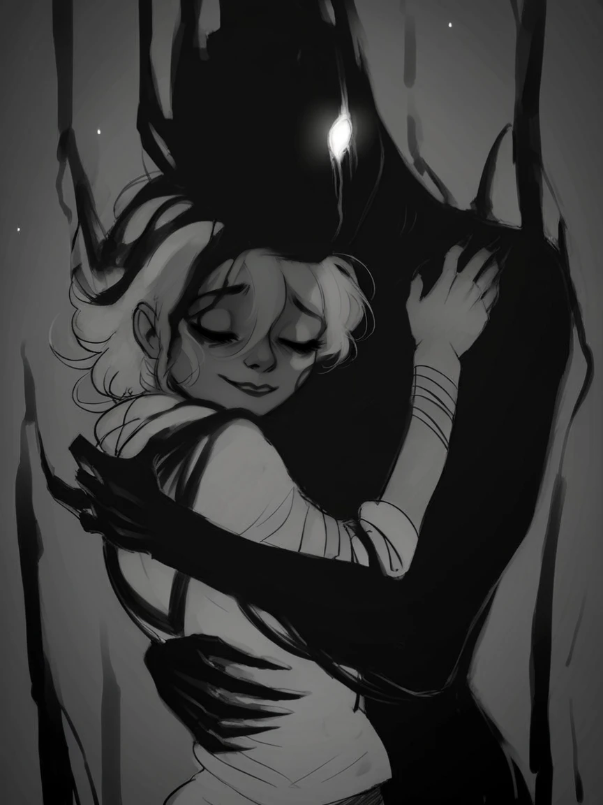 score_9, score_8_up, score_7_up, score_6_up, score_5_up, <lora:th3d4rkXLP:1> th3d4rk, darkness, shadow, 1girl, monochrome, hug