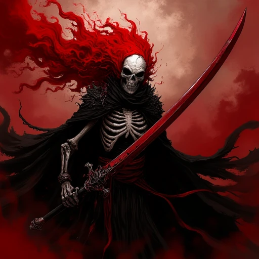 AssassinKahb style a demonic looking skeleton holding a sword with red hair