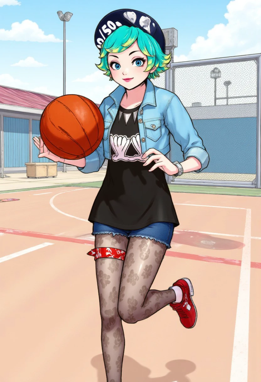 anime, 1girl, g1nger, look at viewer, dribbling with the ball, look away, exhausted, pantyhose, red bandana on leg, cap with text: "50/50", blue jacket, black shirt, blue shorts, full body shot, basketball court background, basketball in hand, focused face,