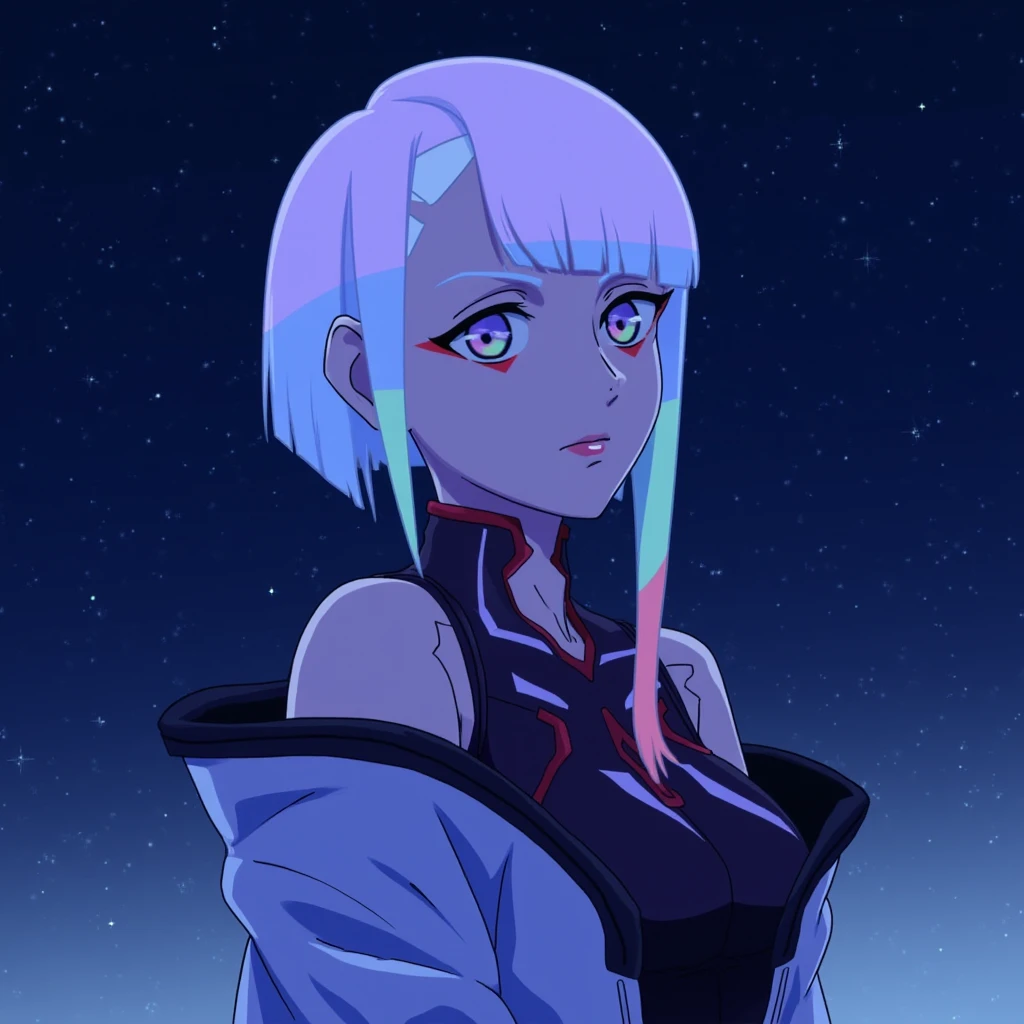 1girl,solo,short hair,bangs,bare shoulders,closed mouth,white hair,multicolored hair,sky,bodysuit,makeup,night,star (sky),starry sky,multicolored eyes,space,lucy (cyberpunk)