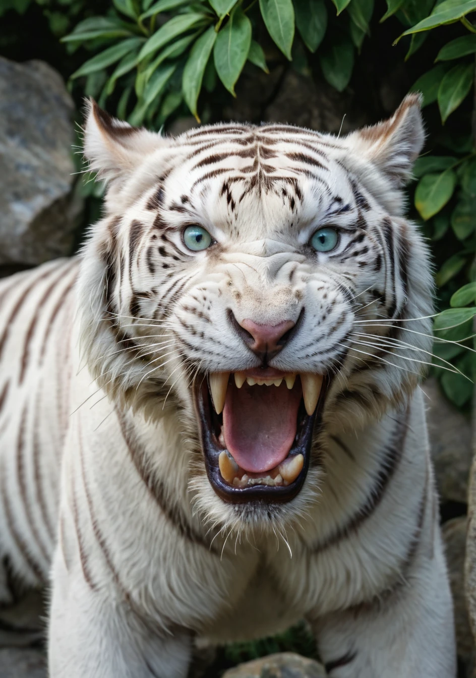 close-up of a roaring white tiger with black stripes, open mouth showing sharp teeth, intense blue eyes, green foliage and rocks blurred in the background, photorealistic detailing, natural sunlight highlighting whiskers and fur texture, animal portrait photography, masterpiece