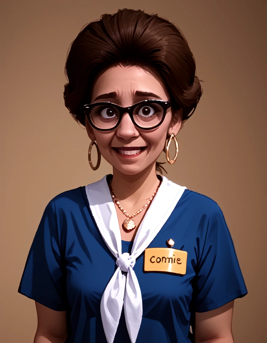 <lora:Connir:0.4> connie_tpir, woman, middle age, brown hair, hair in bun, hoop_earrings, 1960s, black frame glasses, blue polkadot dress, white polkadot neckerchief, nametag on chest, jewelry, necklace, excited, fingers on chest,, source_cartoon, score_9, score_8_up, score_7_up,