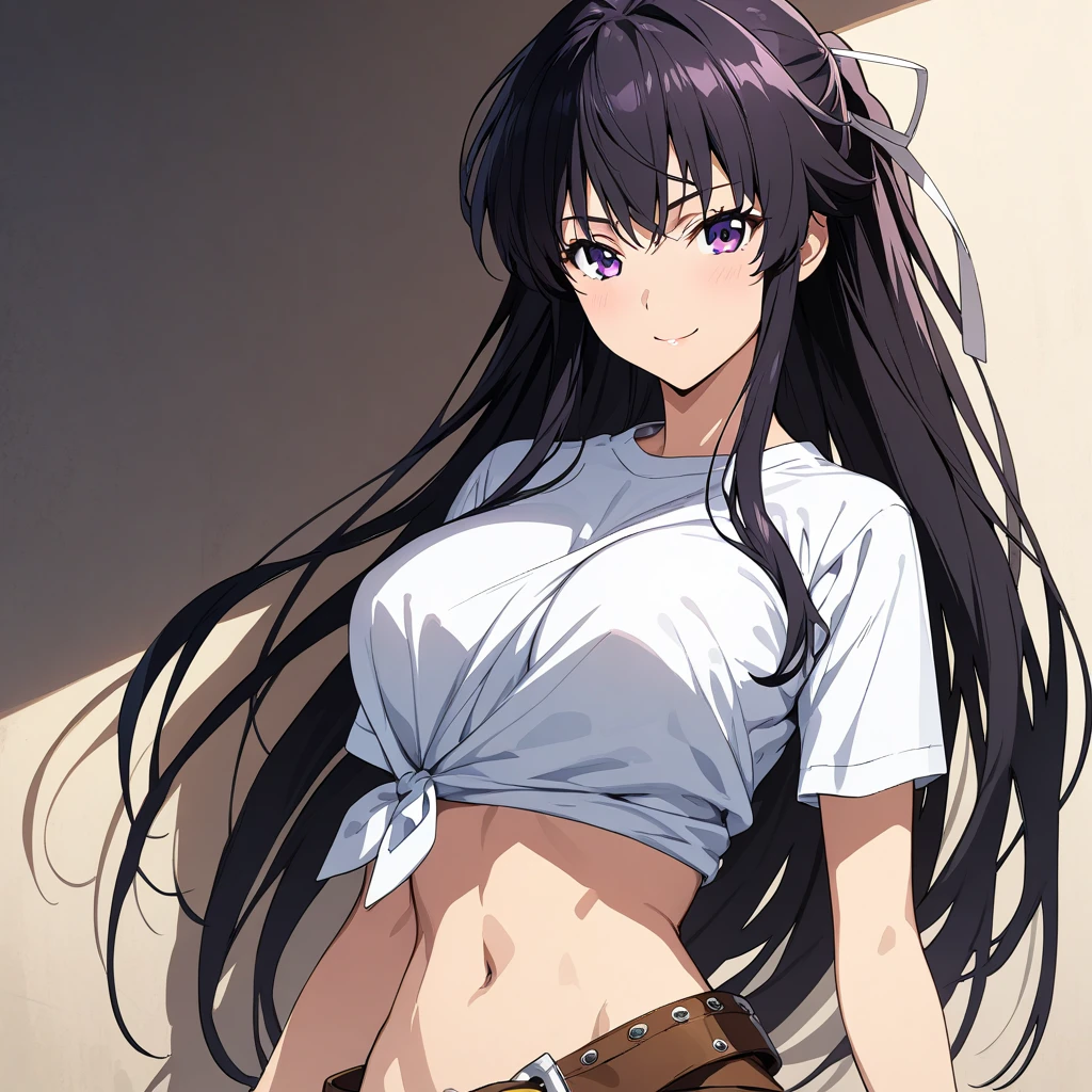 (masterpiece),(best quality),(ultra-detailed),(best illustration),(best shadow),(absurdres),(detailed background),(very aesthetic), kanzaki_kaori, 1girl, solo, black hair, purple eyes, long hair, large breasts, navel, midriff, very long hair, side tied shirt, white t shirt , belt, ribbon, smile, upper body, portrait, close up, anime coloring<lora:Kanzaki_Kaori:1>