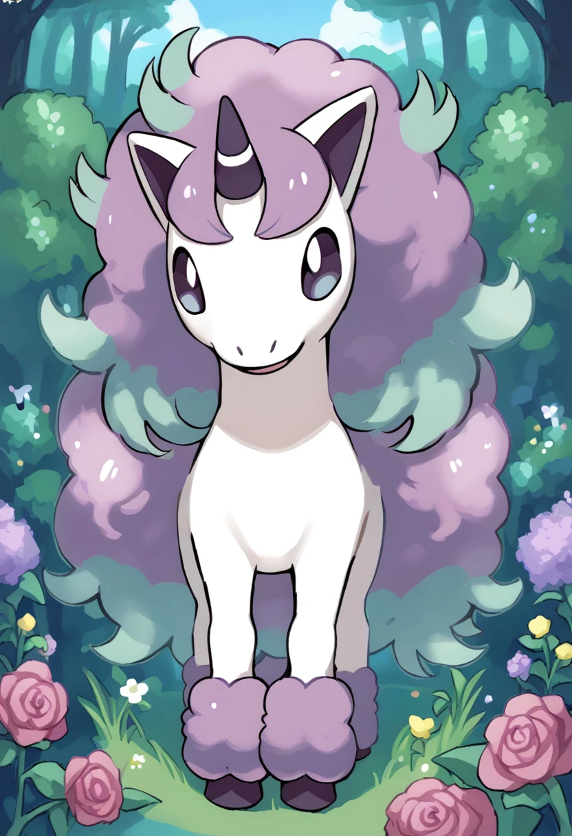 score_9, score_8_up, score_7_up, source_anime  BREAK
garden, flower field, flowers, roses
G_P0NYT4, white fur, white body, quadraped, purple and teal mane, purple and teal tail, purple and teal fetlocks, purple eyes, light blue irises, purple hooves, horn, purple horn, white stripe,  purple inner ears, animal focus, no humans, pokemon (creature)
(standing:1.5), facing viewer, looking at viewer, smile, happy, (open mouth:1.2), looking up
 <lora:Galarian_Ponyta-000011:1>