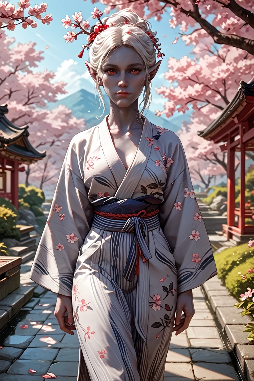 score_9, score_8_up, score_7_up, score_6_up
<lora:BGMinthara:1.0>
BGMinthara, 1girl, white hair, pointy ears, red eyes, grey skin, looking at viewer, walking in a serene Japanese park with cherry blossoms, yukata, and a hair ornament