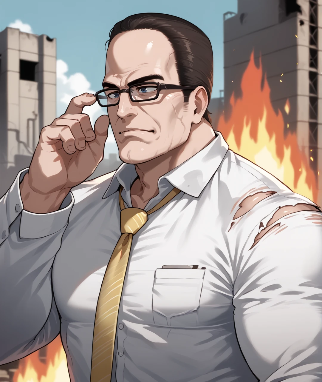 score_9, score_8_up, score_7_up, score_6_up, source_anime, factory, ruins, fire,
BREAK
steven armstrong, senatorarmstrong, 1boy, male focus, solo, necktie, manly, torn clothes,black-framed eyewear, yellow necktie, muscular, glasses, upper body, white shirt, collared shirt, outdoors, muscular male, adjusting eyewear, 
 <lora:senatorarmstrong2:0.8>