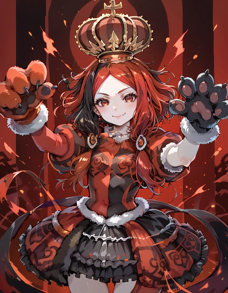 <lora:lovredqueen03:1.0>lovredqueen,
score_9, score_8_up, score_7_up,
1girl, pale skin, multicolored hair, black hair, animal hands,black pawpads,
looking at viewer,standing, lite smile,