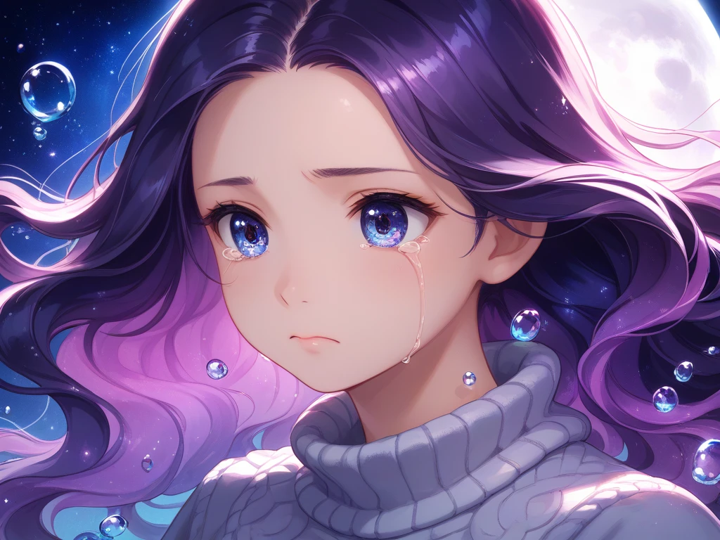 score_9, score_8_up, score_8,
highly detailed, intricate, beautiful aesthetic,
vibrant, extreme contrast, 
focus on face, (headshot), close up, view from the side, large eyes, long hair, detailed eyes, detailed hair,
cute, girl, baggy sweater, cosmic background, sad, crying, tiers, water drops, floating, in space,
moon, stars, atmospheric, lost, magical robes, magical hair,