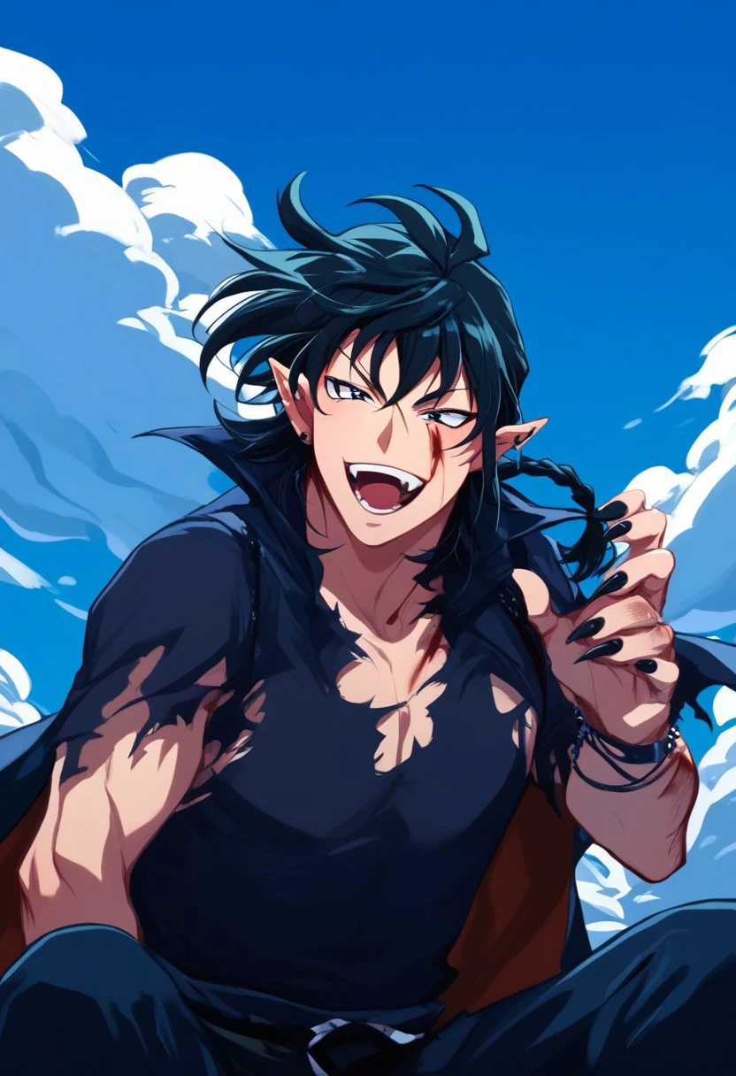 score_9, score_8_up, score_7_up, score_6_up, score_5_up, score_4_up, 
Mairimashita, solo, smile, open mouth, black hair, 1boy, jewelry, male focus, sky, pointy ears, cloud, nail polish, fingernails, torn clothes, blood, fangs, black nails, injury, sharp fingernails