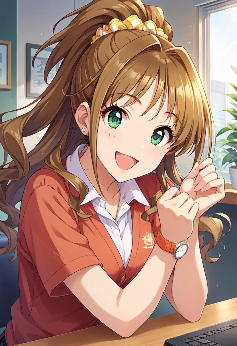 score_9, score_8_up, score_7_up, source_anime,hino akane, long hair, brown hair, green eyes, 1girl, solo, watch, open mouth, wristwatch, smile, scrunchie, looking at viewer, high ponytail, ponytail