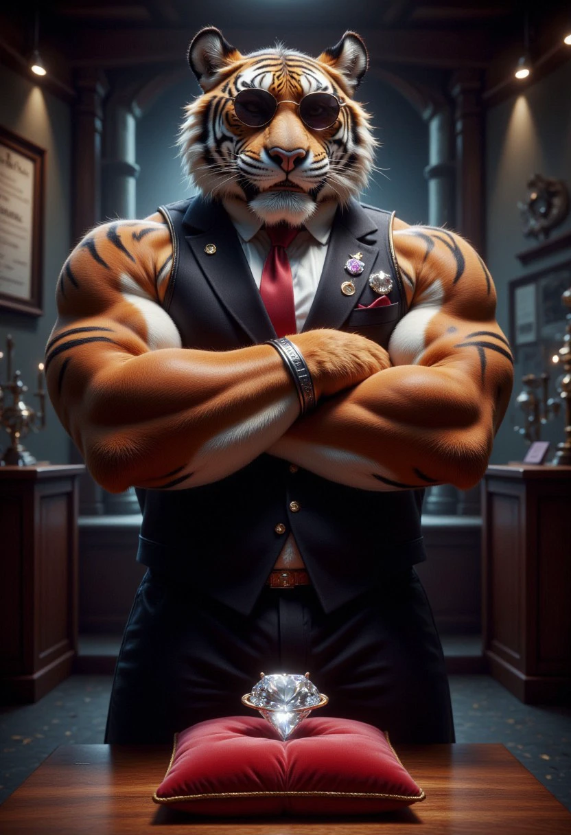 A huge muscular tiger boy is dressed as a guard wearing a suit, sunglasses and an earpiece with his arms crossed. He is standing in front of an exhibit with a  diamond on a red pillow.
The image is photorealistic with high attention to detail and highly detailed fur.