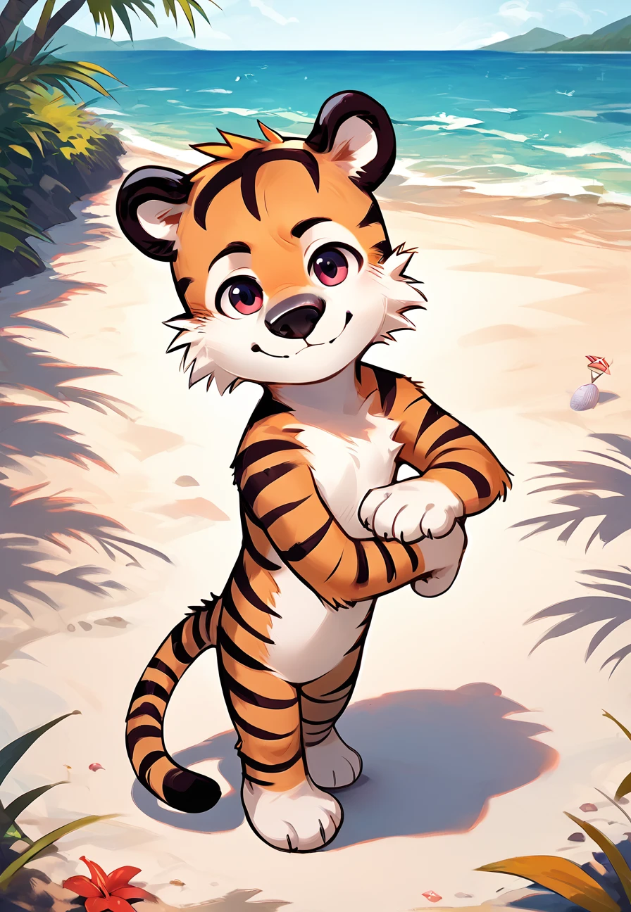 <lora:Hobbs V1:1> hobbesca, tiger, furry,  full body, score_9, score_8_up, score_7_up, score_6_up, score_5_up, score_4_up, looking at viewer,beach, source_furry, <lora:NAI3 Smooth Boys Style LoRA_Pony XL v6:0.8>, cub,young,