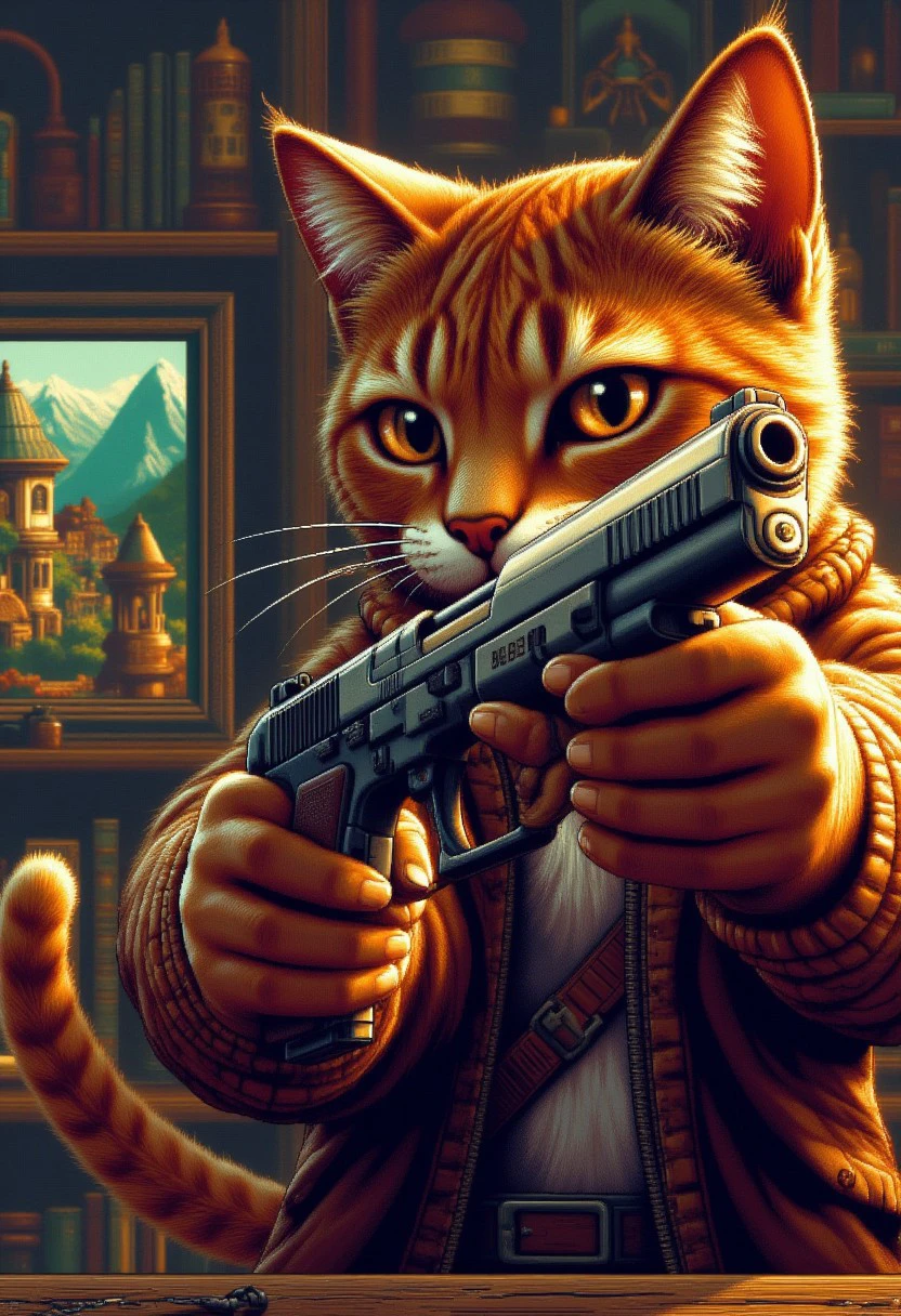 A cat pointing a gun at the viewer in pc98style