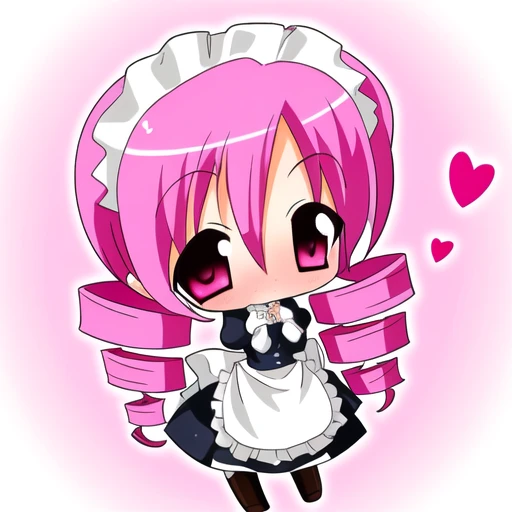 1girl, chibi, pink hair, drill hair, maid outfit