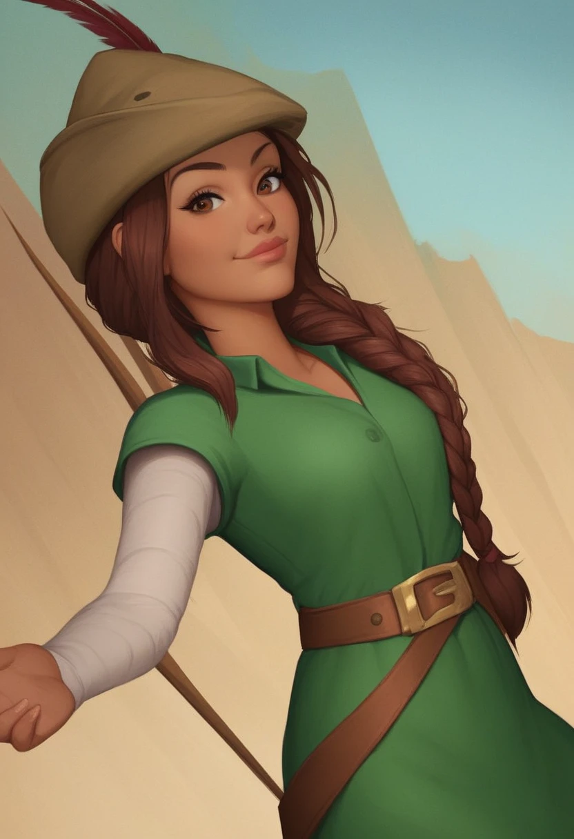 score_9, score_8_up, score_7_up, 1girl, solo,  carol_of_the_arrow, brown hair, brown eyes, dark skin, braid, long hair, belt, hat, green tunic, green tights, dynamic posing, dynamic angle, looking at viewer, light smile, simple background