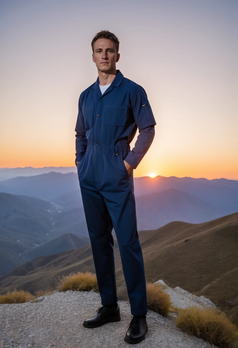 photo of a man, dr3w3,wearing a jumpsuit, at a mountain, sunset, looking at viewer  <lora:dreww:.9>