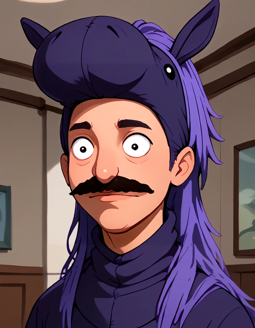 <lora:bobcephala_-_Bobs_Burgers:0.9> 1boy, purple horse costume, facial hair, mustache, portrait,  indoors,  turned, source_cartoon, score_9, score_8_up, score_7_up,