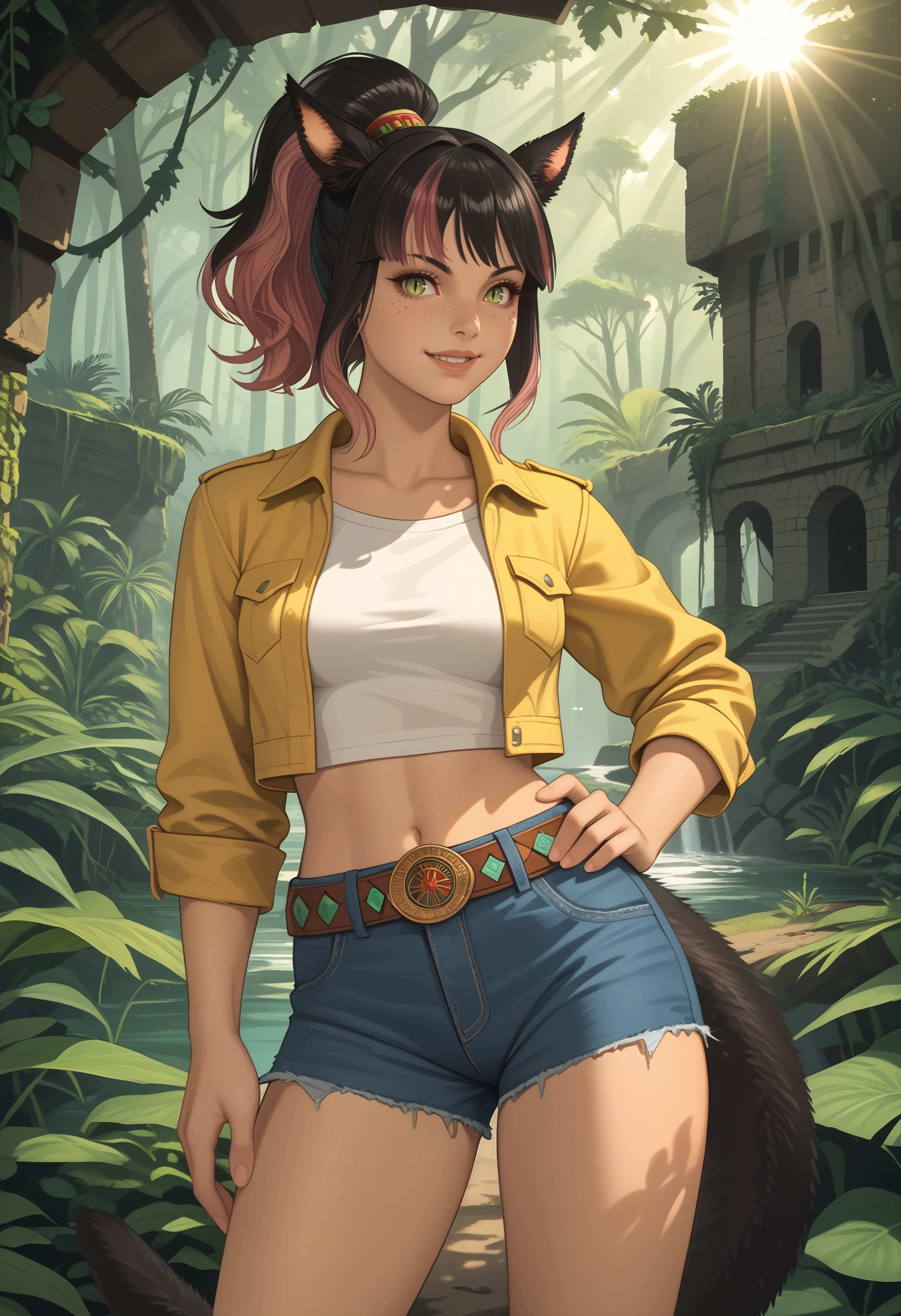 score_9, score_8_up, score_7_up BREAK solo, 1girl, xivmc, animal ears, two-tone hair, ponytail, slit pupils, freckles, tail, <lora:clamXIVMC_v31:1> yellow jacket, white shirt, midriff, belt, jean shorts, smile, looking at viewer, hand on hip, outdoors, rainforest, aztec ruins, sun rays