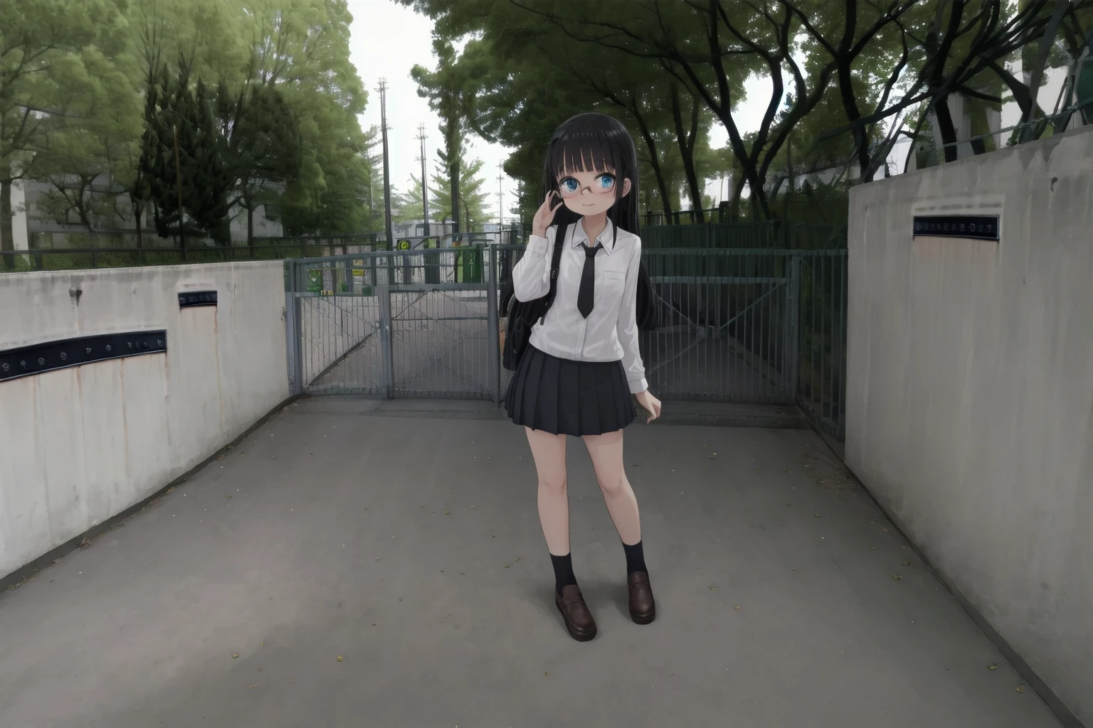 masterpiece, best quality, ultra-detailed, illustration,masterpiece, best quality, very aesthetic, absurdres,
1girl, solo, glasses, black hair, long hair, blue eyes, collared shirt, red necktie, pleated skirt, blue skirt, looking at viewer, blush, 
school gate, scenery, tree, outdoors, fence, day, grass, building, real world location
 <lora:schoolgate_SD15_V1:1>