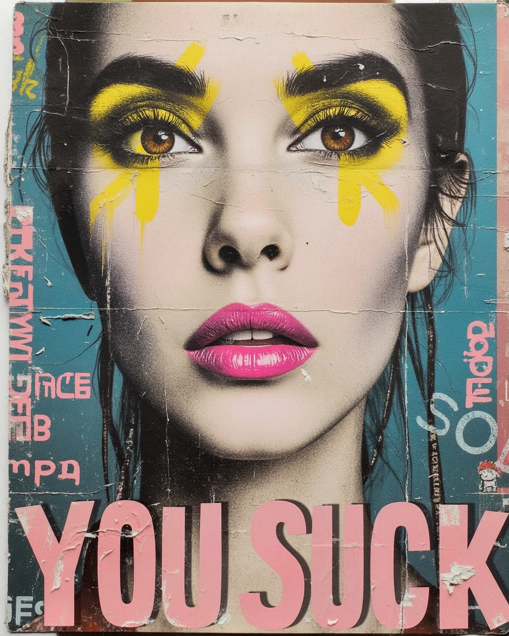 mm_collage, portrait of a womens face with yellow painted crosses on her eyes, pink lips,  and the word "YOU SUCK" at the bottom of the page, torn magazine, street art, punk collage