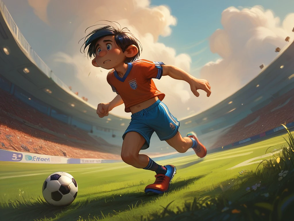 score_9, score_8_up, score_7_up, score_6_up, score_5_up, 1boy, gaston, gree tshirt, blue short,<lora:gaston-10:1>, big nose, grass, playing soccer, running, ball,