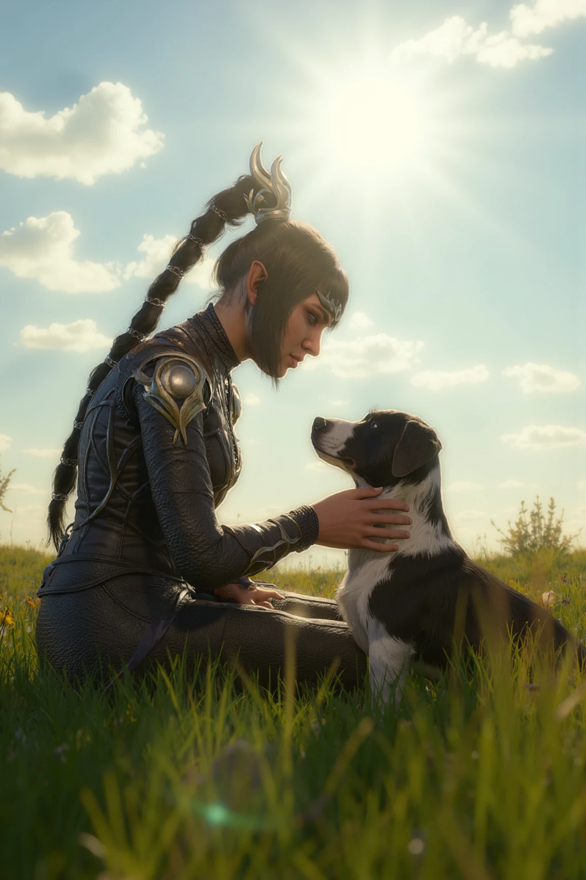 a photorealistic photo of Shadowheart, she is dressed in a fitted, dark leather vest with intricate gold accents and trim, kneeling down to pet a cute dog. Background of a vibrant grassy field with bright sun shining amidst a lightly cloudy blue sky.