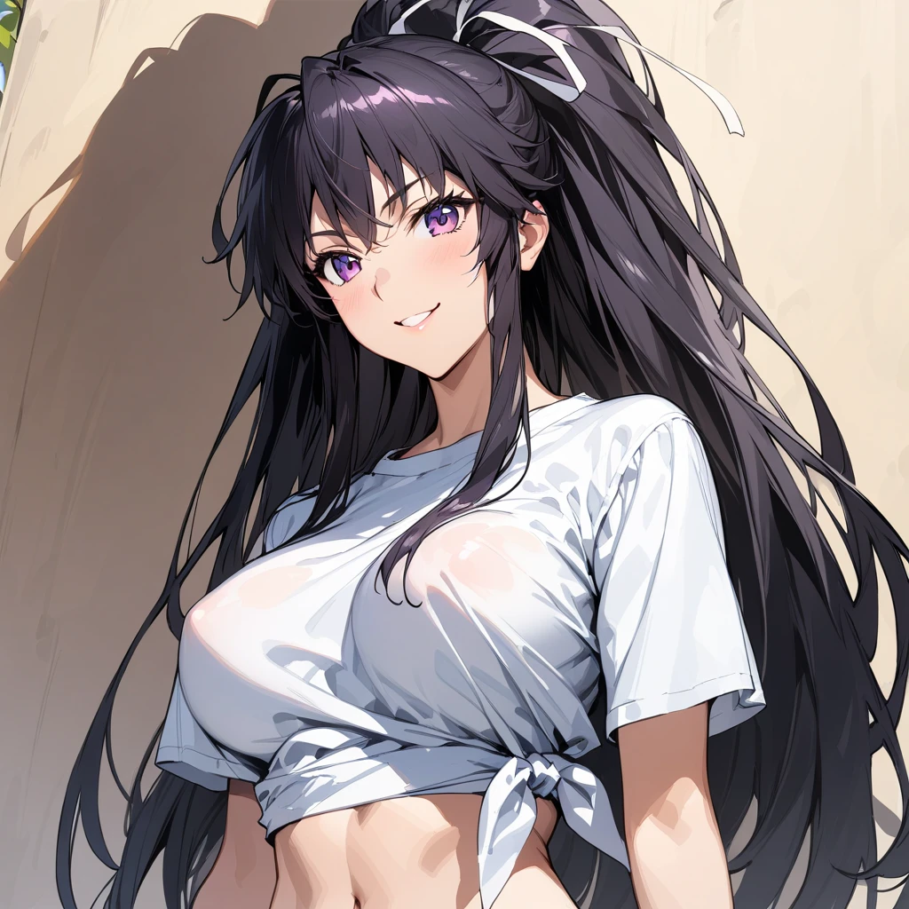 (masterpiece),(best quality),(ultra-detailed),(best illustration),(best shadow),(absurdres),(detailed background),(very aesthetic), kanzaki_kaori, 1girl, solo, black hair, purple eyes, long hair, large breasts, navel, midriff, very long hair, side tied shirt, white t shirt , belt, ribbon, smile, upper body, portrait, close up, <lora:Kanzaki_Kaori:1>