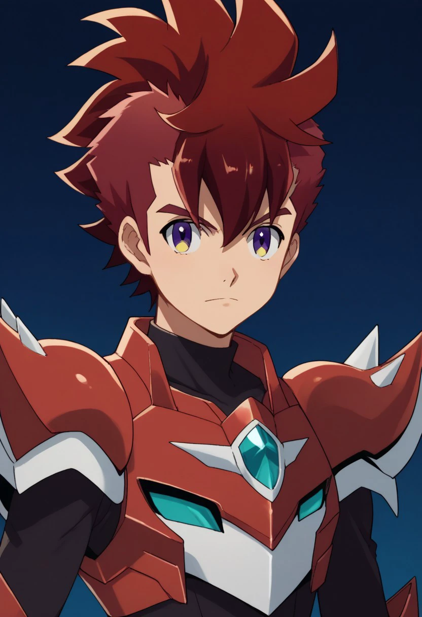 score_9, score_8_up, score_7_up, source_anime, highly detailed, 
rekka, 1boy, male focus, solo, upper body, red hair, purple eyes, yellow eyes, looking at viewer, spiked hair, gaist red armor