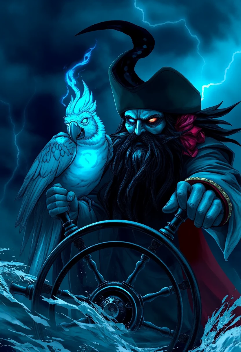 sehele style, long bearded ghost pirate with ghost parrot, both with shining blue flaming eyes, chill aura, holding steering wheel of a ship amid the storm, lightning in the sky.