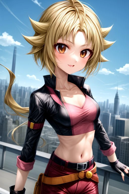 masterpiece_portrait, high quality, canvas, beyblade shogun steel, ren kurenai, 1girl, solo, blonde hair, fingerless gloves, gloves, long hair, low ponytail, breasts,crop top, midriff, navel, belt, :p, cleavage, brown eyes, medium breasts, black gloves,crop top,midriff, navel, blue sky, city