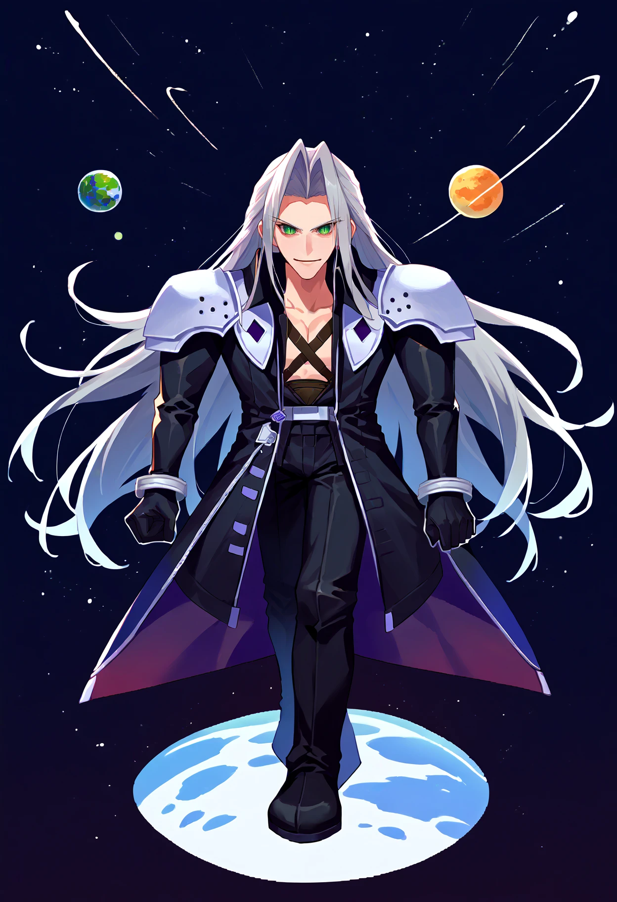 score_9, score_8_up, score_7_up, source_anime, space, meteor, floating hair, black background, star \(sky\), planet,
<lora:FFVII_Sephiroth_V1.0:1> sephiroth, official outfit, 1boy, solo, long hair, grey hair, armor, open clothes, shoulder armor, long sleeves, pectorals, black jacket, jacket, very long hair, parted bangs, black gloves, high collar, long bangs, black coat, green eyes, slit pupils, looking at viewer, crazy eyes, laughing, insanity, spread arms,
<lora:zs_FFVIIChibisXL_1:1> ffviichibis, chibi, full body