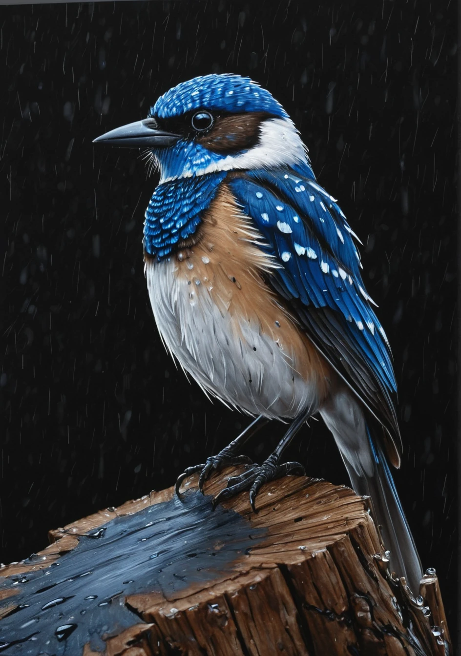 detailed close-up of an elegant bird perched on a textured stump, predominantly black background, striking blue and white feathers with dark brown on wings and back, piercing eyes gazing directly at the viewer, wet appearance suggesting recent rain, highly detailed and crisp focus, instant painting realism, best quality